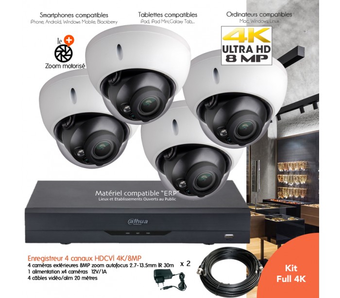 PACK-SECURITE-4 - Kit vidéo surveillance 1 To avec accès sur téléphone ou  internet et 4 caméras 650 lignes intérieur extérieur