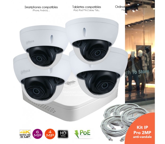 Système de vidéo surveillance IP avec 4 caméras dôme intérieures